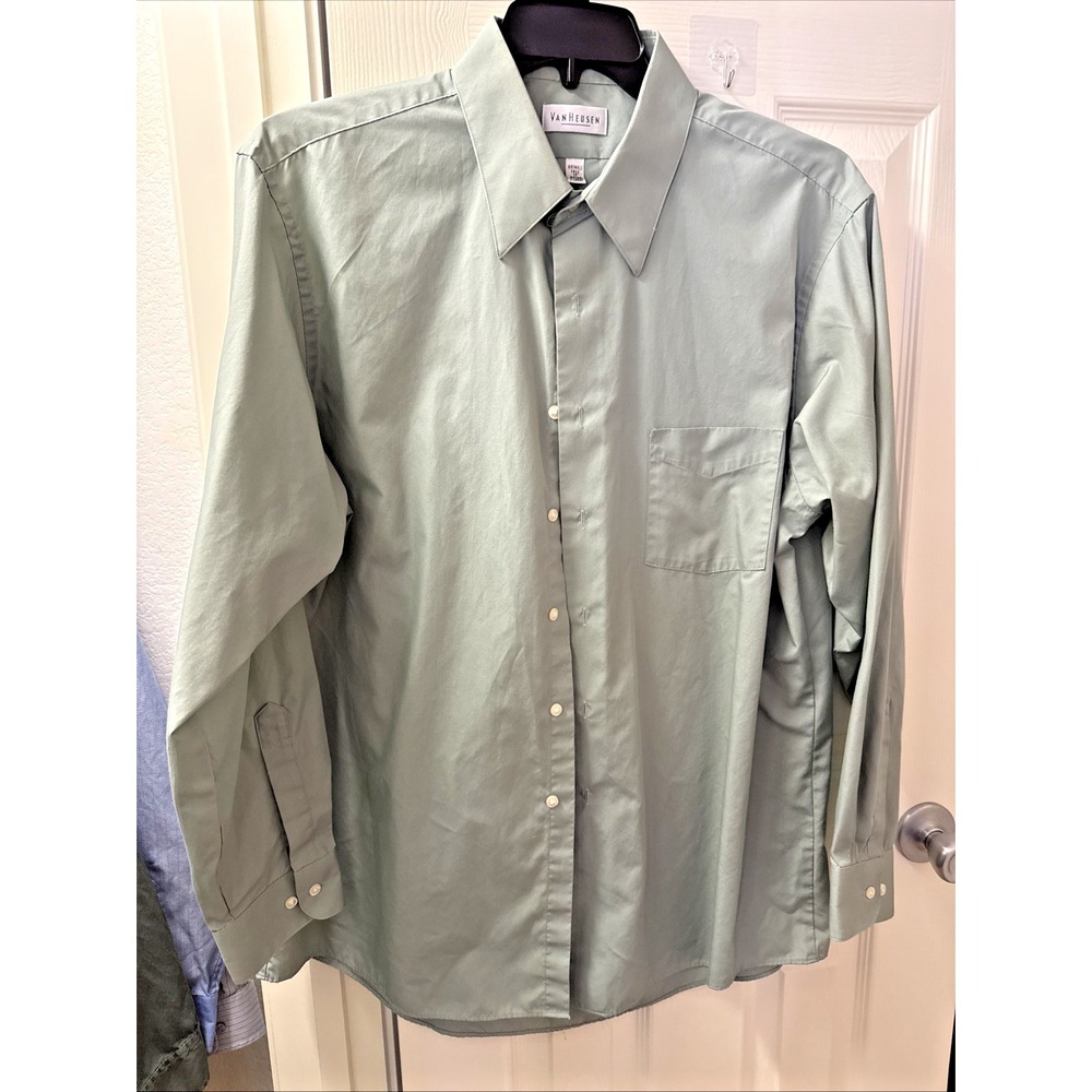 Van Heusen Mens Wrinkle Free Dress Shirt XL 17 34/35 Green Button Down